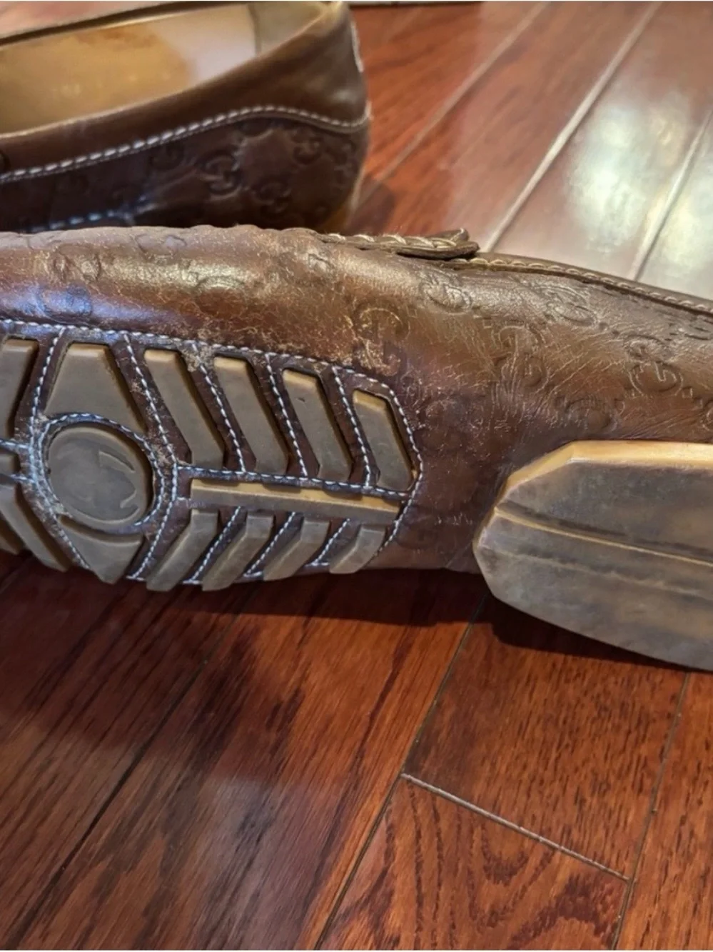 Gucci Brown Leather Embossed Penny Loafers